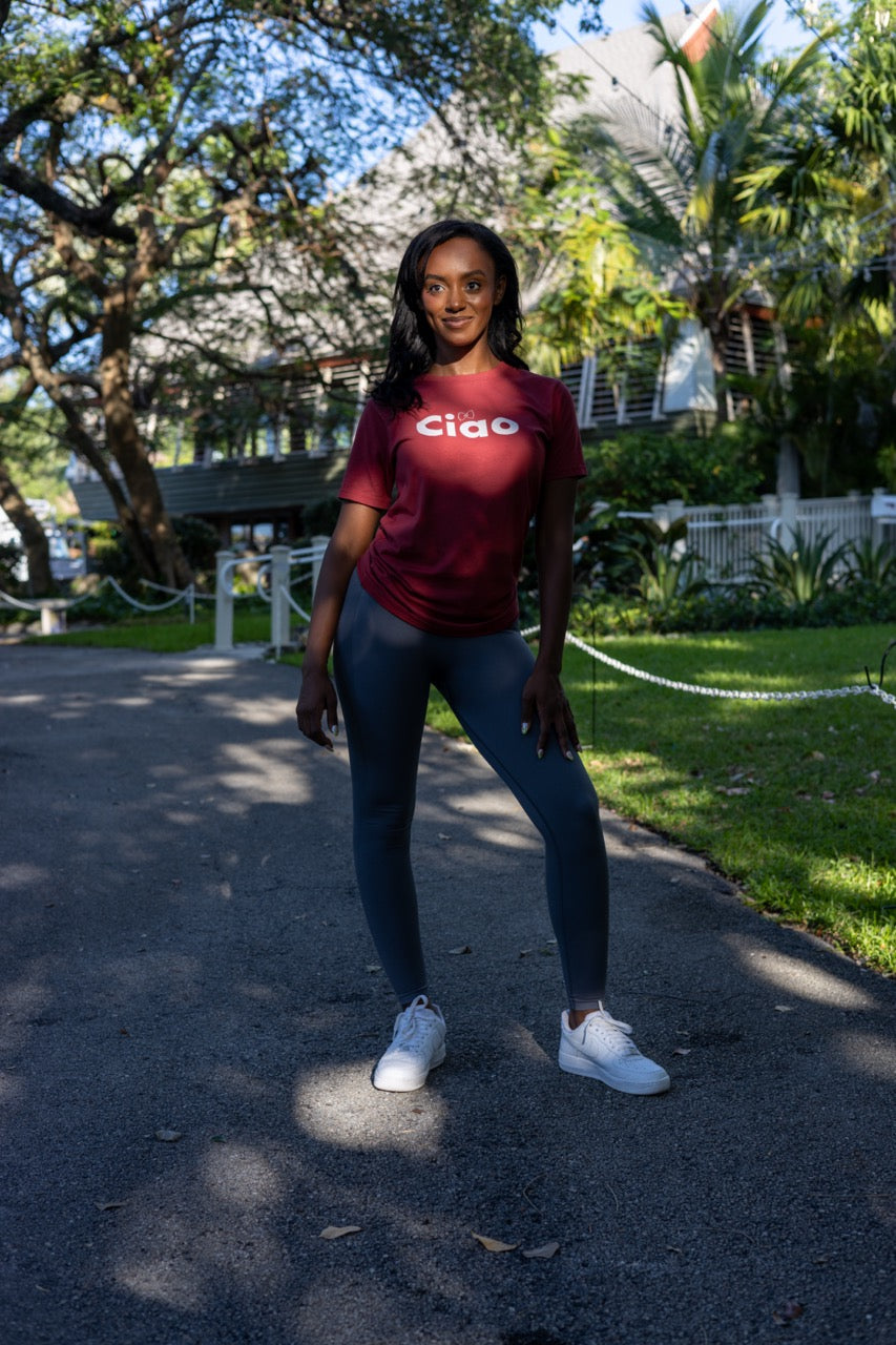 Hi Ciao red shirt with Alyssa Ferguson at the Historic women's club in Coconut Grove, Miami Florida