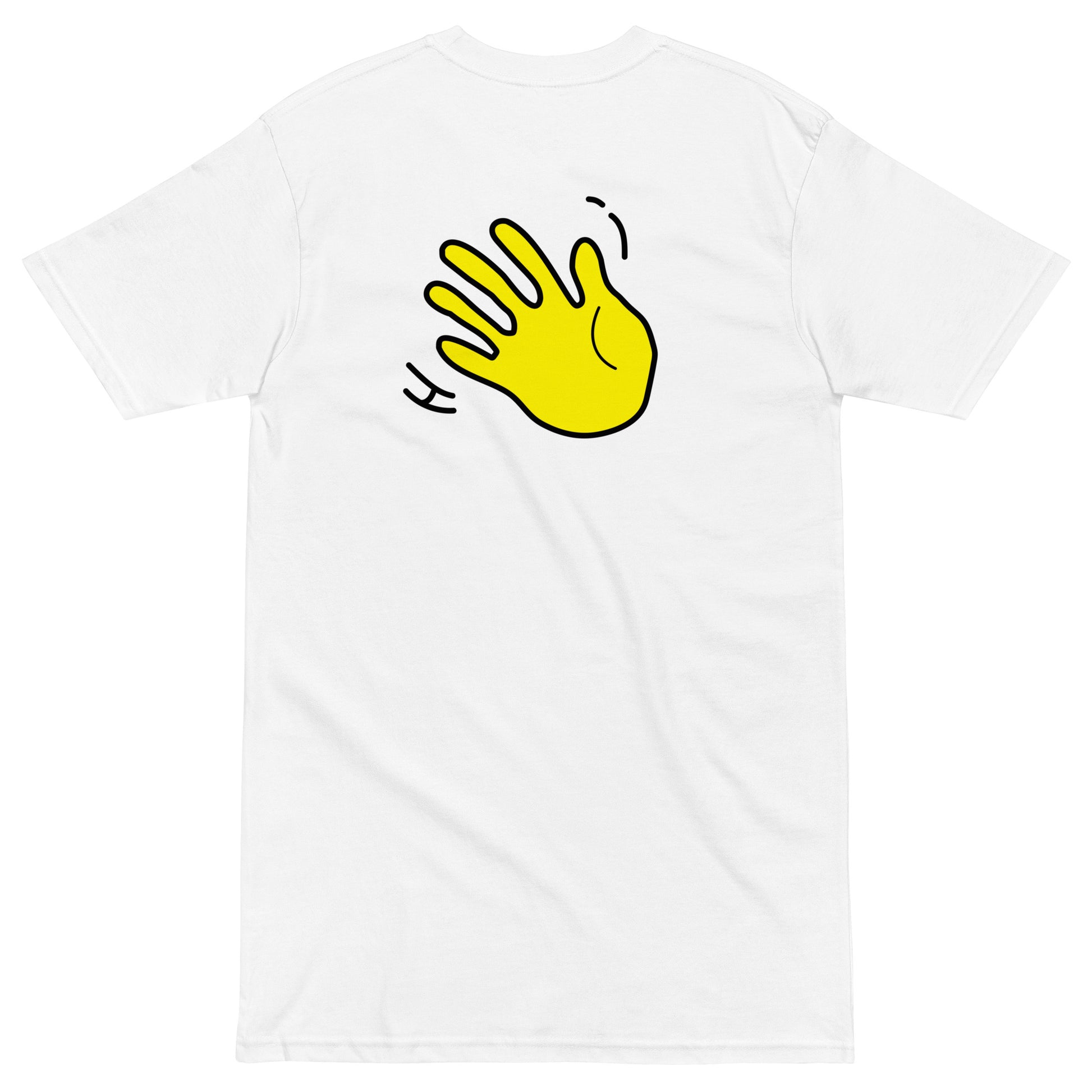 Hi Buenos Dias Spanish Good day Greeting T shirt in white back with Hi waving hand emoji