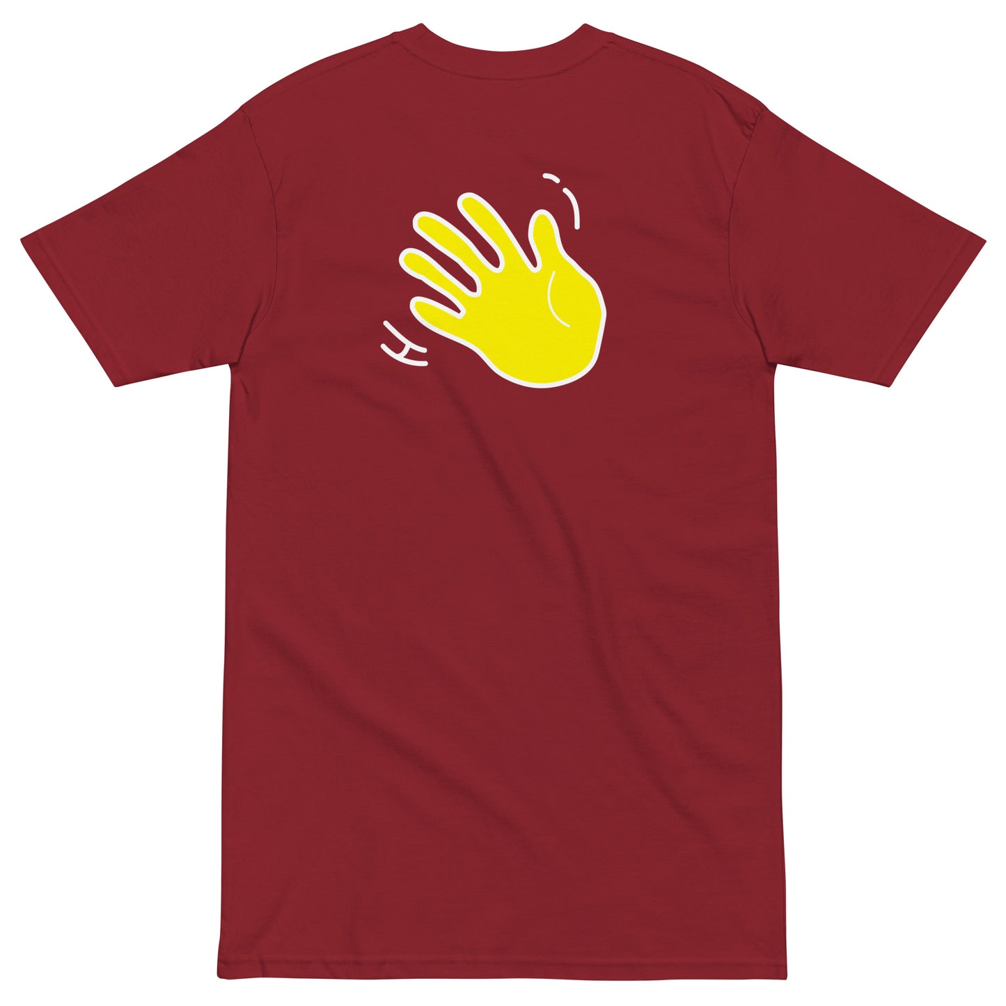 Hi Ciao Italian Greeting t shirt in red with farfalle noodle back with Hi waving hand emoji
