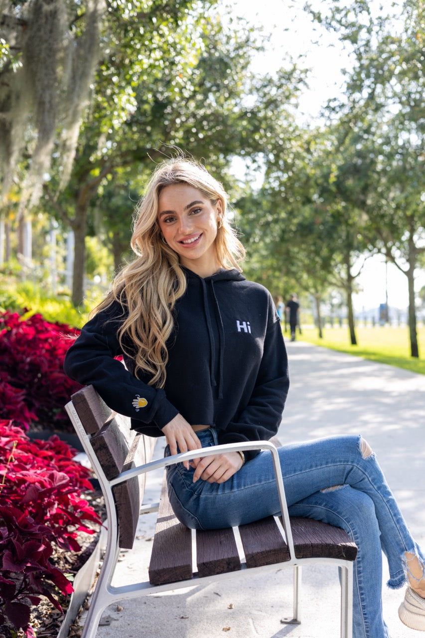 Hi π Embroidered Cropped Hoodie modeled by Kara Gault photo by Johnny Michael