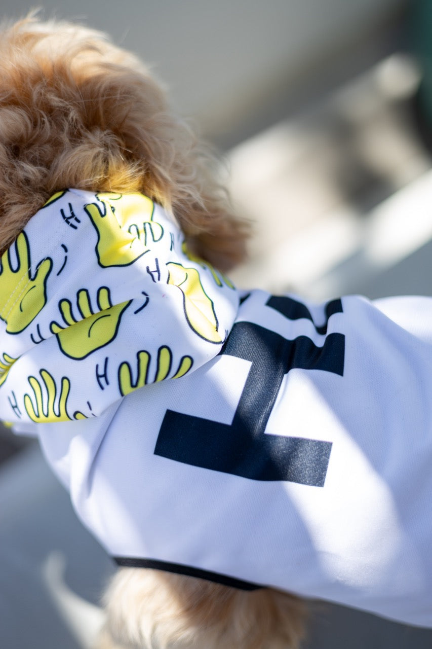 Hi Happy Interactions Pet Hoodie Hood details with wave emoji