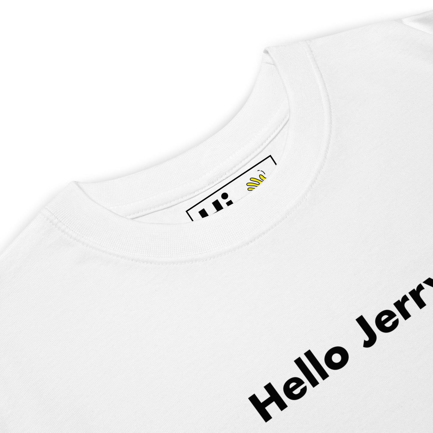 Hi Hello Jerry Seinfeld Greet Tee in white front detail