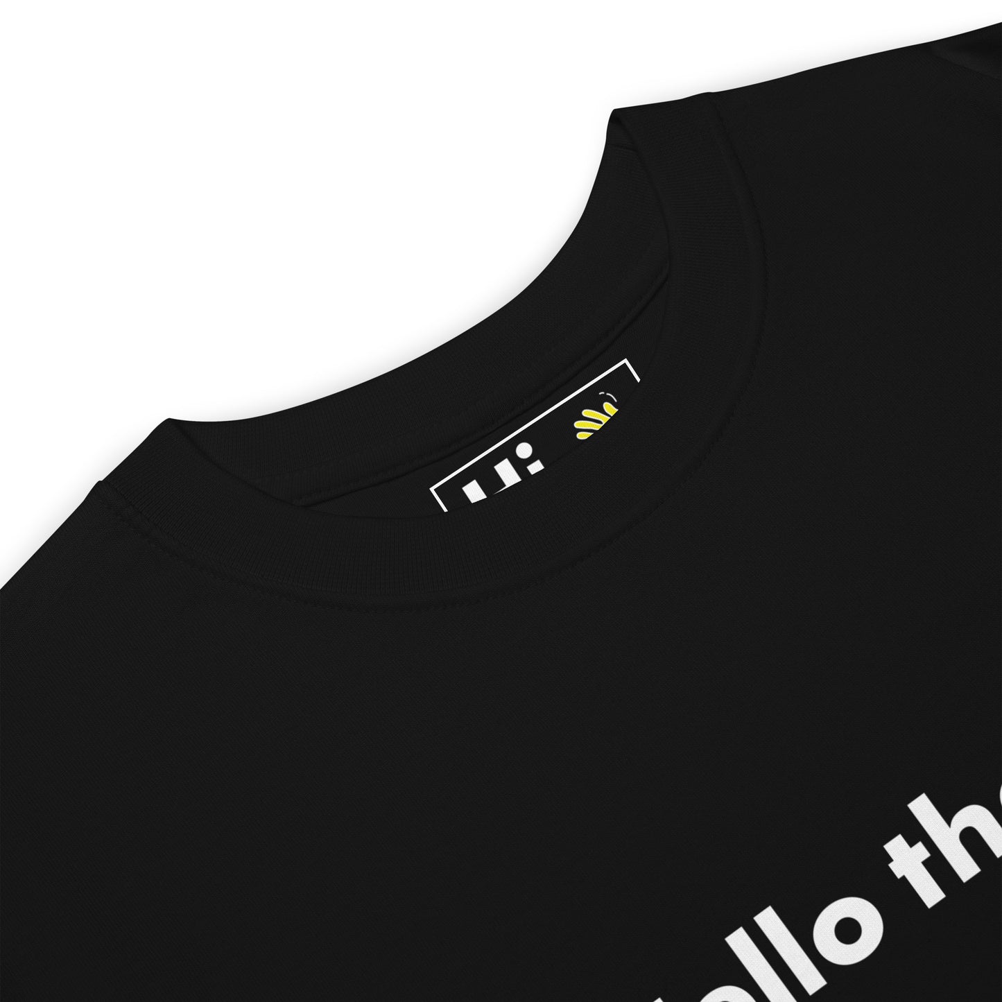 Hi Hello there friendly greeting t shirt in black front detail