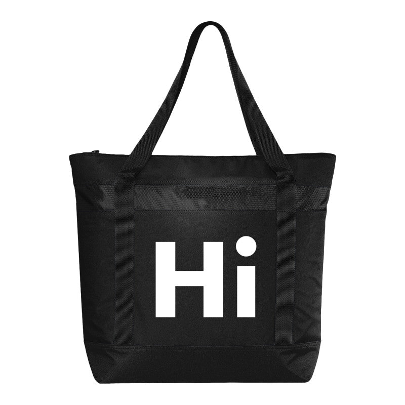 Black tote bag with 'Hi' printed on it against a white background