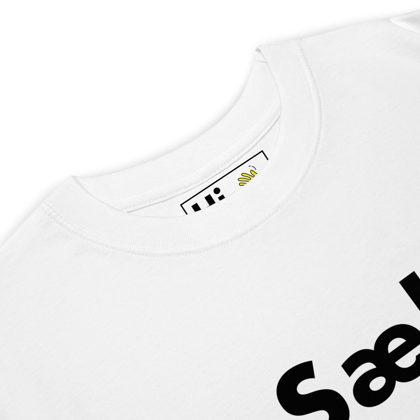 Hi Sæl Icelandic Greeting T shirt in white front detail, Sæl is an Icelandic greeting, used to greet a woman or a mixed group of people