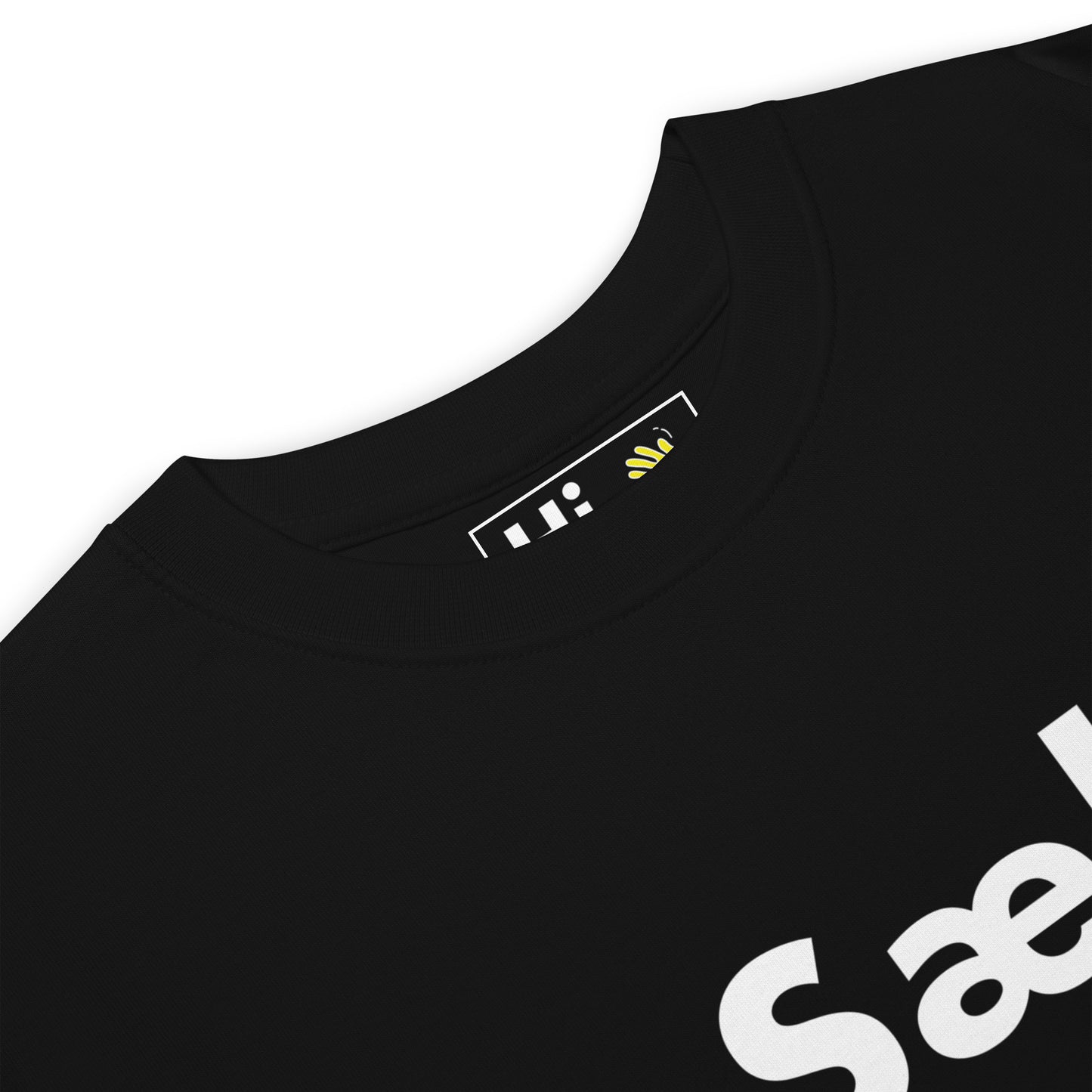Hi Sæl Icelandic Greeting T shirting black front detail, Sæl is an Icelandic greeting, used to greet a woman or a mixed group of people