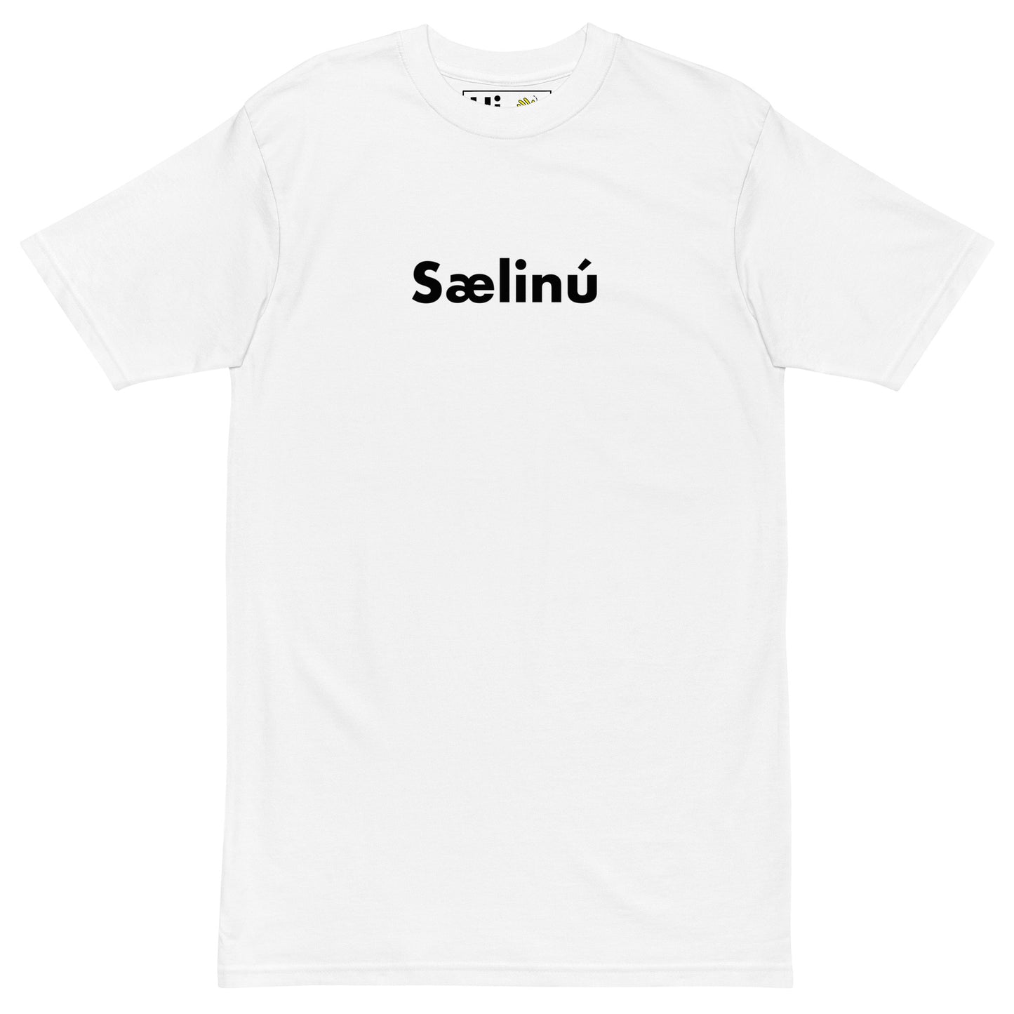 Hi Sælinú Icelandic Greeting T shirt in white front — a way of saying, "Hello now" in Iceland