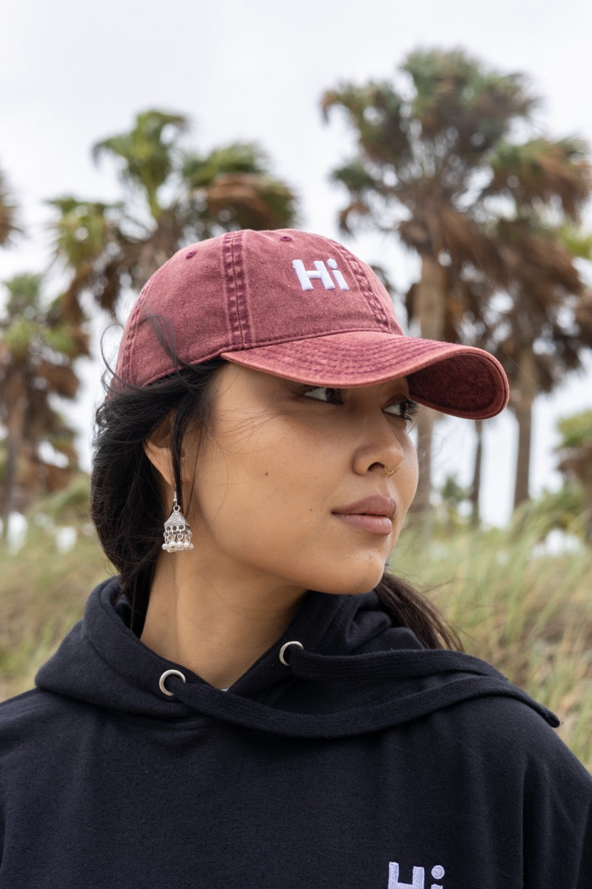 Hi Salem Kazakh Greeting Vintage Hat in Maroon, Сәлем is pronounced "Salem", modeled by Assiya Mukanova