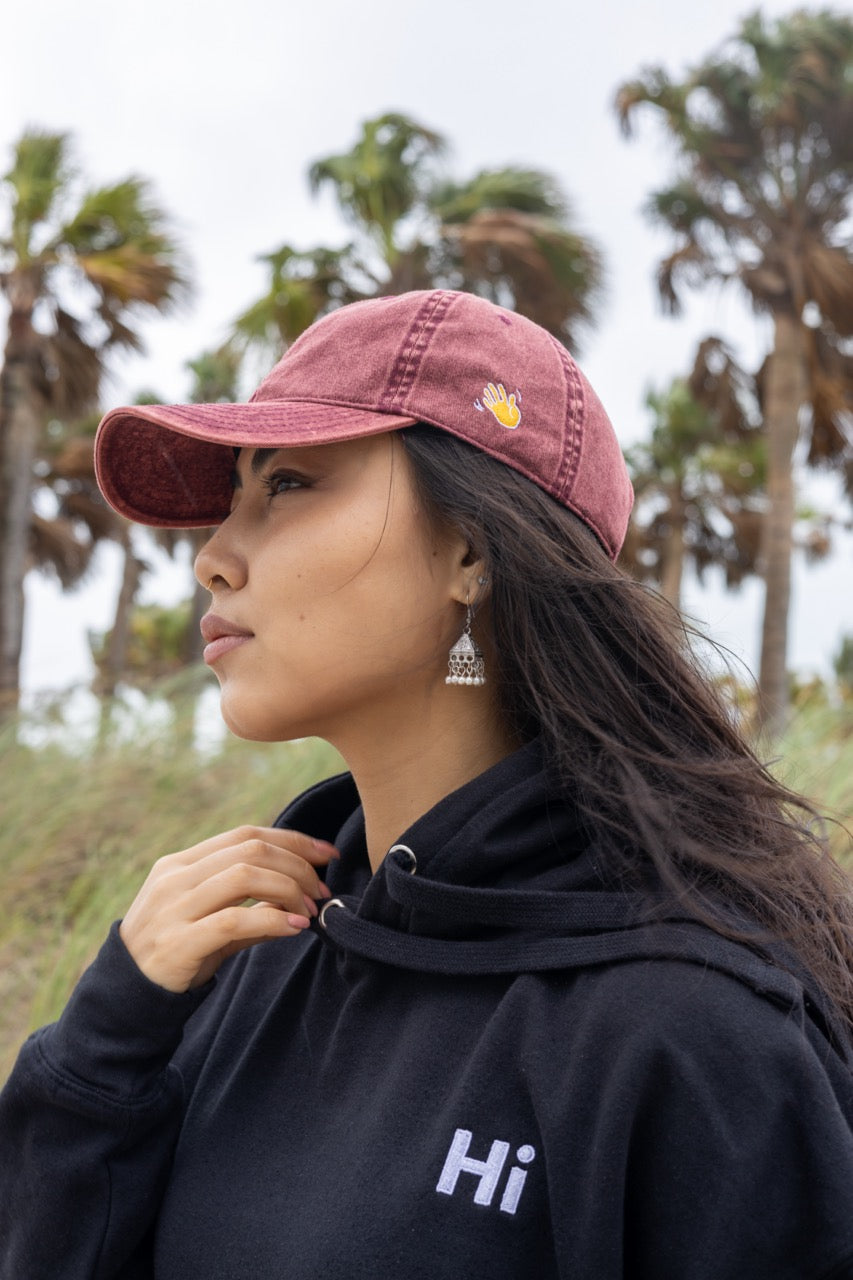 Hi Salem Kazakh Greeting Vintage Hat in Maroon, Сәлем is pronounced "Salem", modeled by Assiya Mukanova