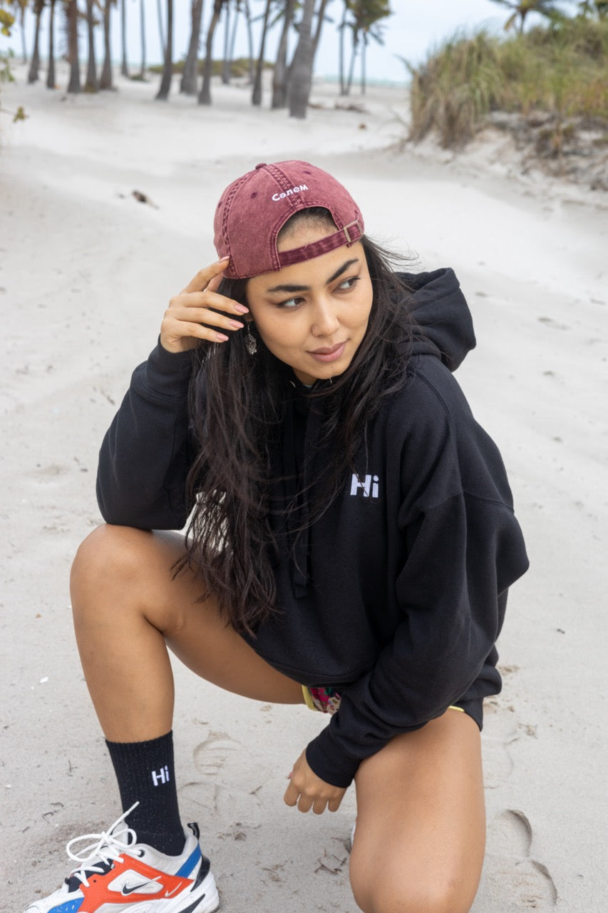 Hi Salem Kazakh Greeting Vintage Hat in Maroon, Сәлем is pronounced "Salem", modeled by Assiya Mukanova