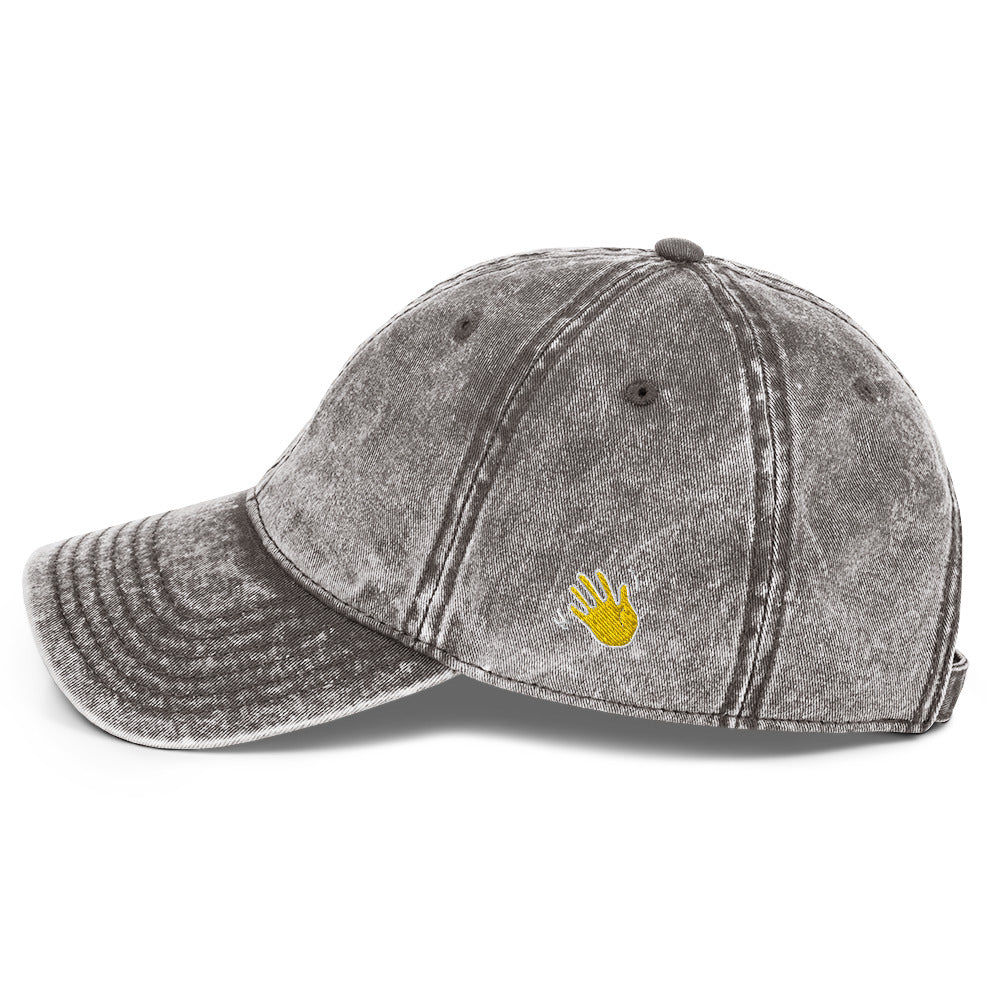 Hi Сәлем "Salem" Vintage Hat in Kazakh Greeting from Happy interactions in Grey, left side with Hi waving hand emoji
