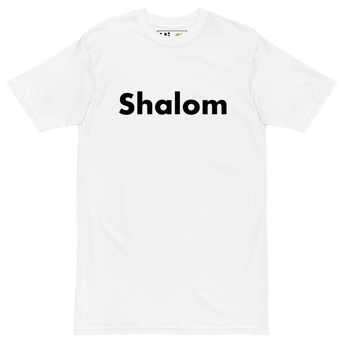 Hi Shalom שָׁלוֹם Greeting T shirt in white front