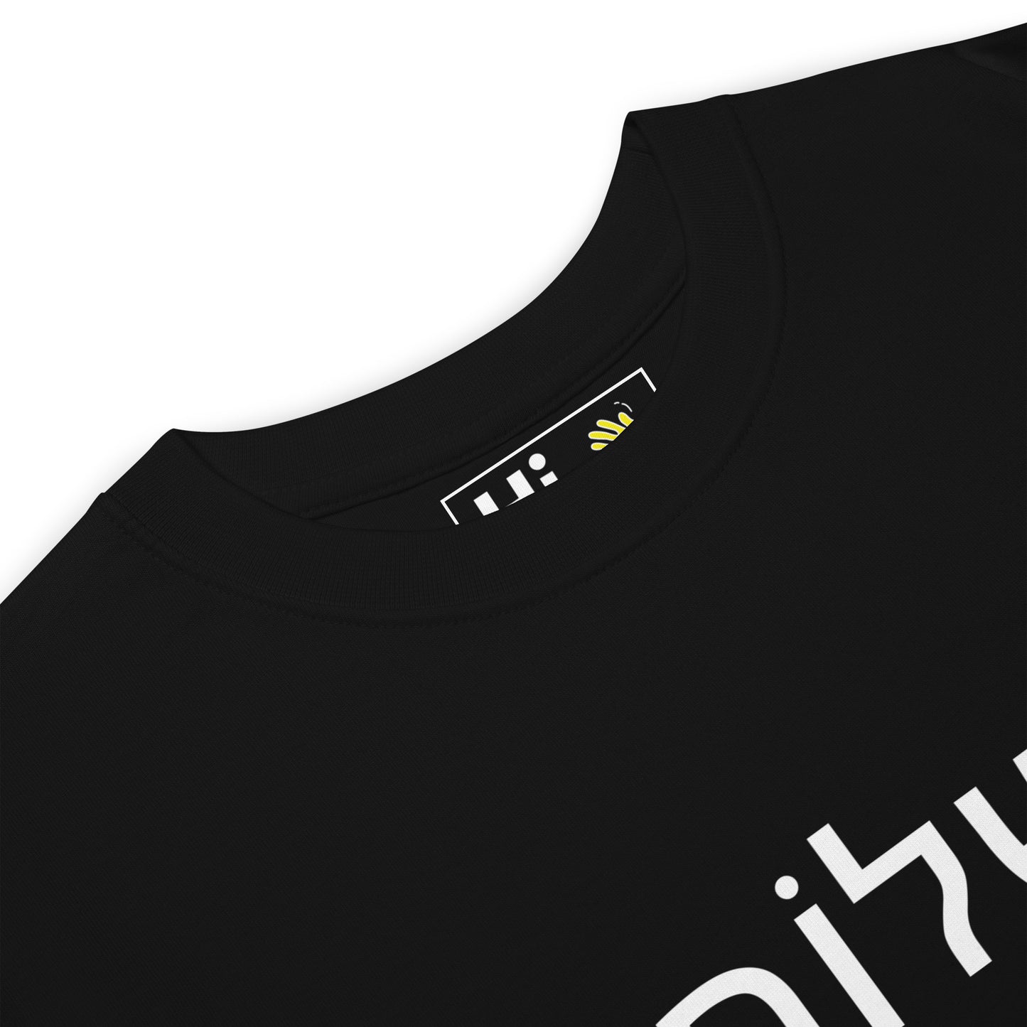 Hi Shalom Hebrew Greeting T shirt in black front detail, שָׁלוֹם or "Shalom" means peace and is commonly used as a greeting and farewell in Hebrew
