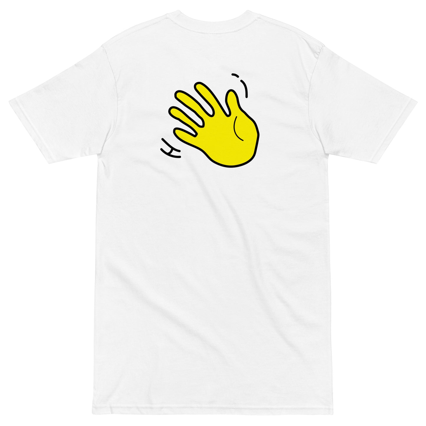 Hi Sharp South African Greeting T Shirt in white back detail waving hand Hi emoji