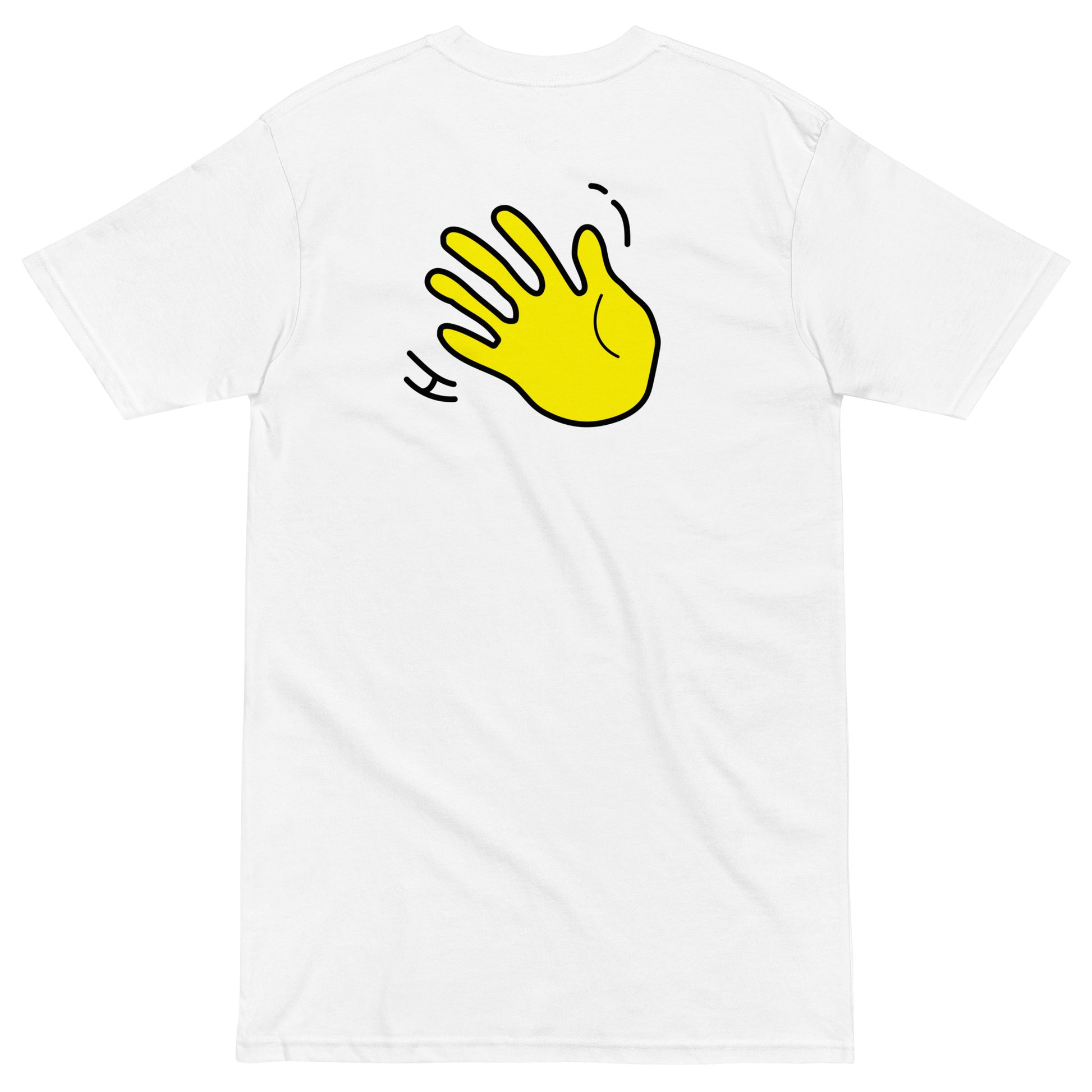 Hi Sveiki Latvian Greeting T Shirt in white back detail with Hi waving hand emoji