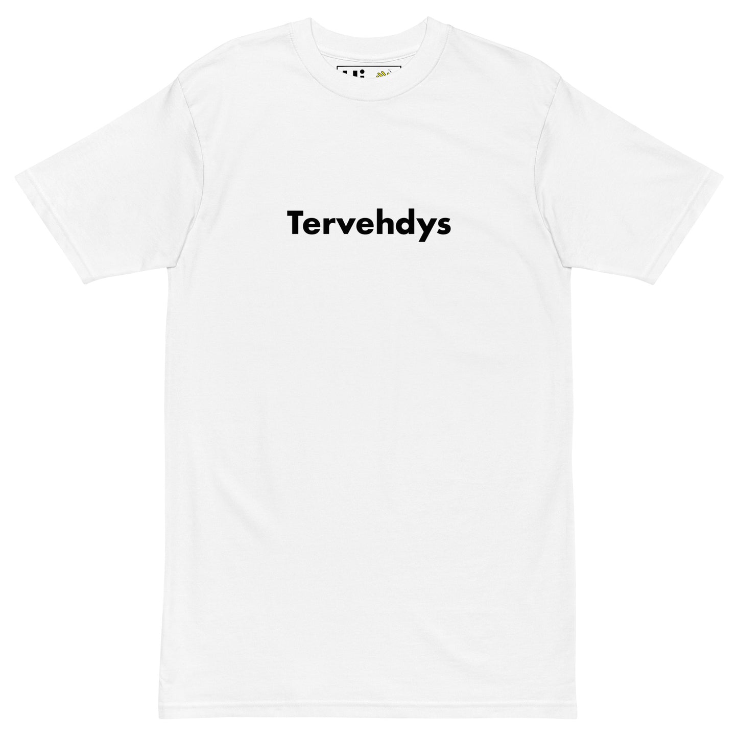 Hi Tervehdys Finnish Greeting T shirt in white front