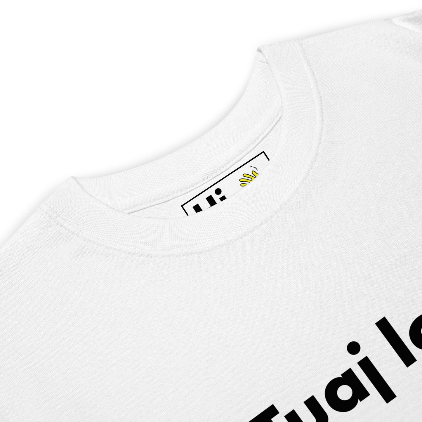 Hi Tuaj lov Hmong Greeting t shirt in white front detail, Hmong is a language spoken by about 8 million people in southwest China, Vietnam, Laos, Myanmar and Thailand