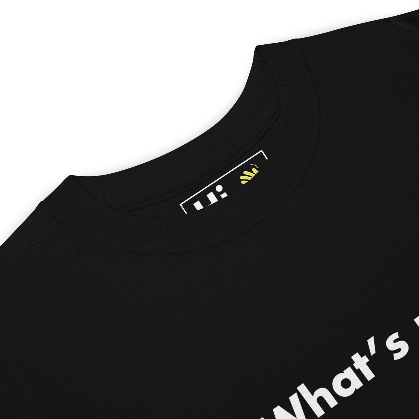 Hi What's Up American Greeting T Shirt in black, front detail