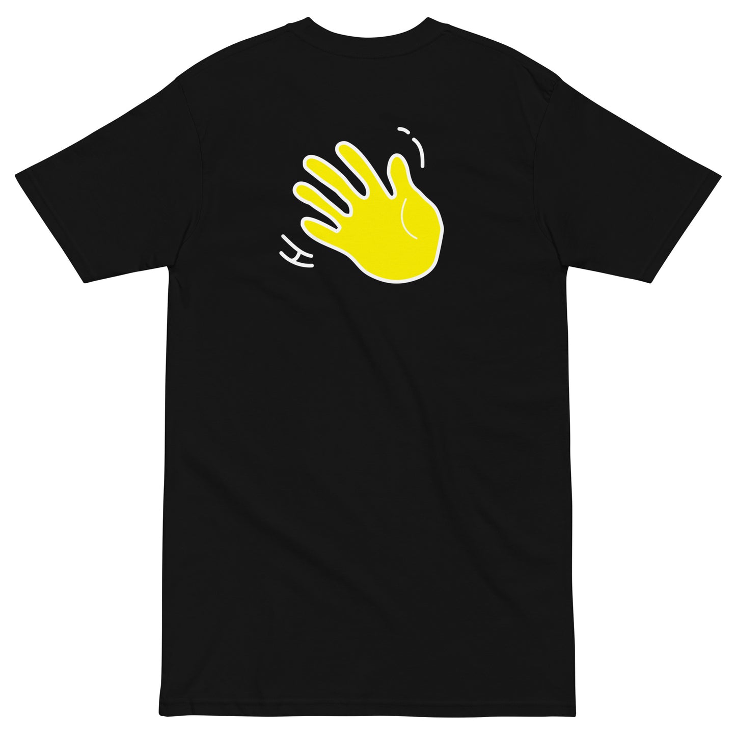 Hi Yassou Greek Greeting T shirt in black, back detail with waving hand emoji