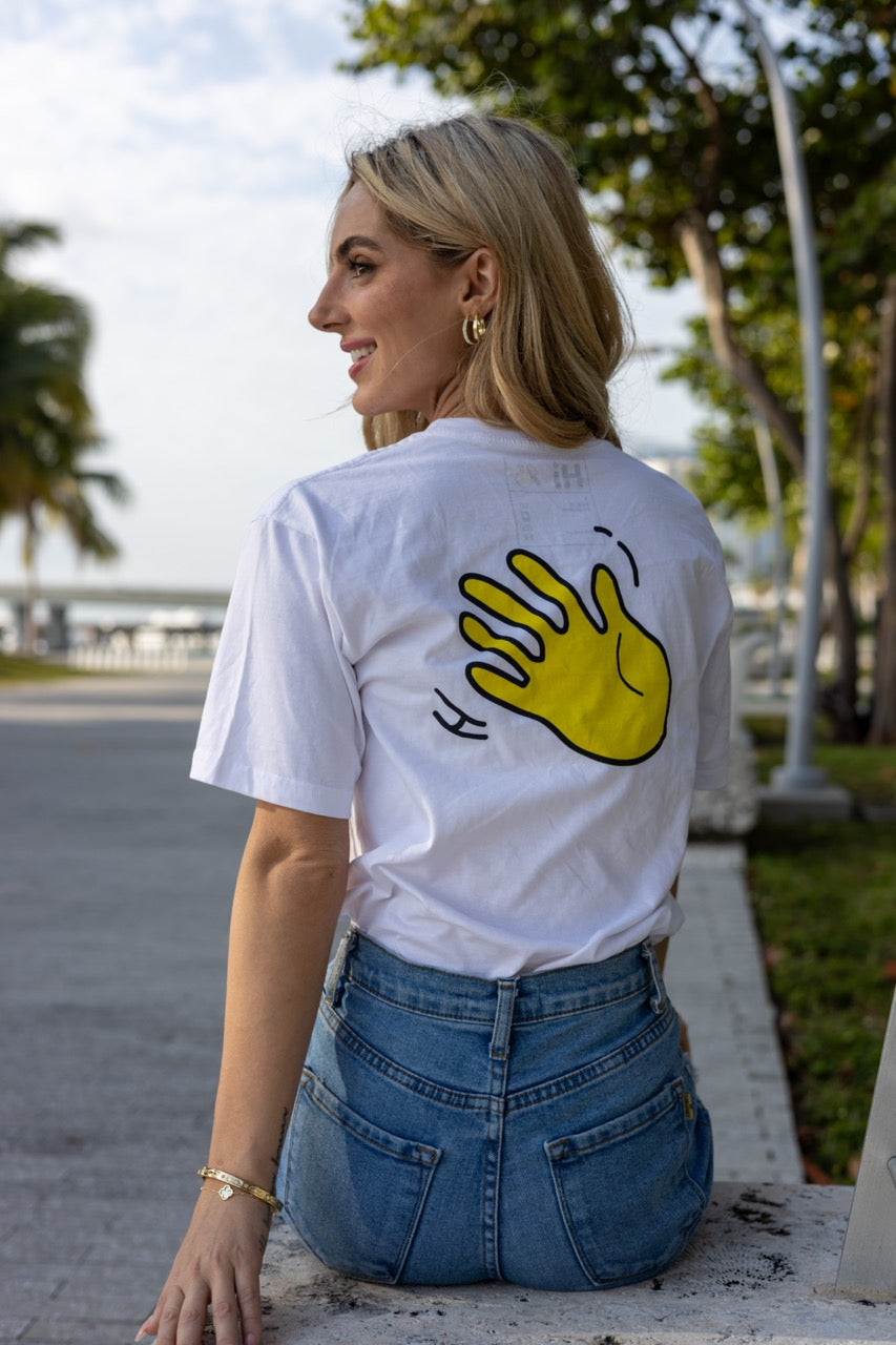 Hi its me Taylor Swift Concert Greeting T Shirt in white, modeled by Hi Kara Gault photographed by Johnny Michael in Miami, Florda