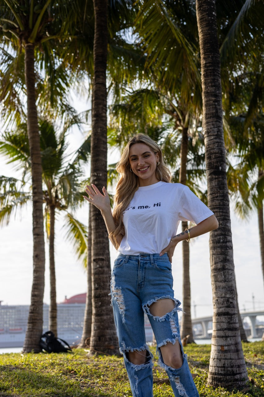 Hi its me Taylor Swift Concert Greeting T Shirt in white, modeled by Hi Kara Gault photographed by Johnny Michael in Miami, Florda