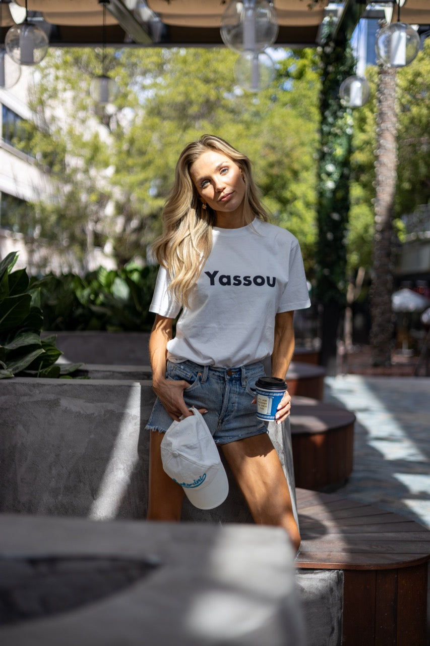 Hi Yassou Greek Greeting T shirt modeled by Victoria Peyton photo by Johnny Michael in Coconut Grove, Miami, Florida