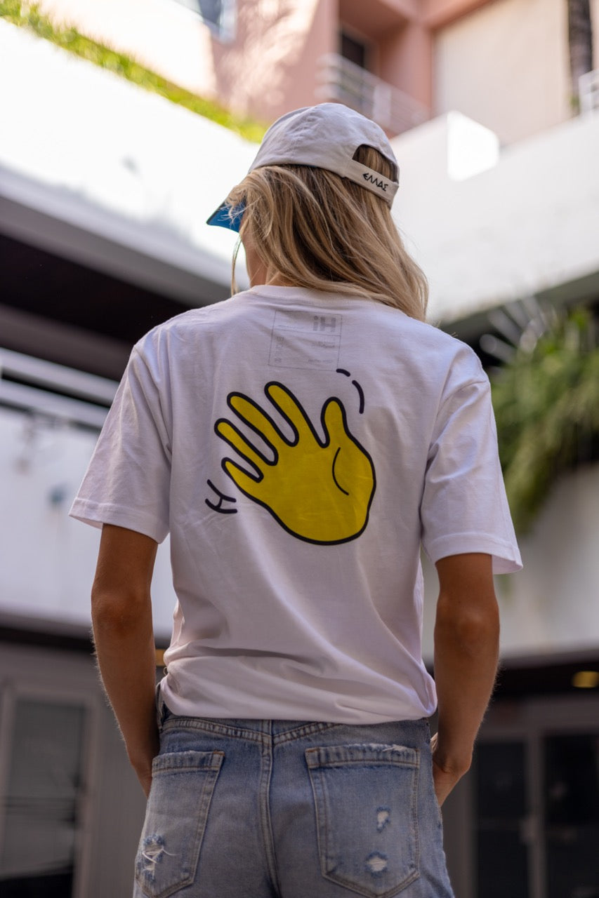 Hi Yassou Greek Greeting T shirt modeled by Victoria Peyton photo by Johnny Michael in Coconut Grove, Miami, Florida