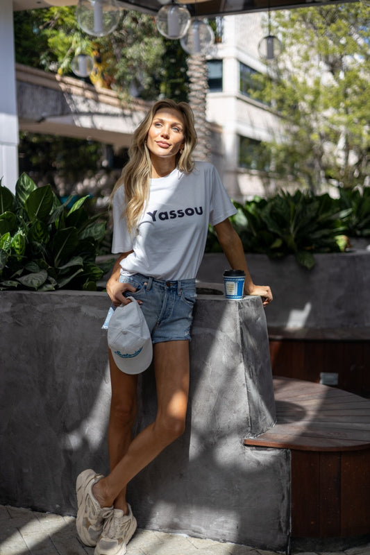 Hi Yassou Greek Greeting T shirt modeled by Victoria Peyton photo by Johnny Michael in Coconut Grove, Miami, Florida