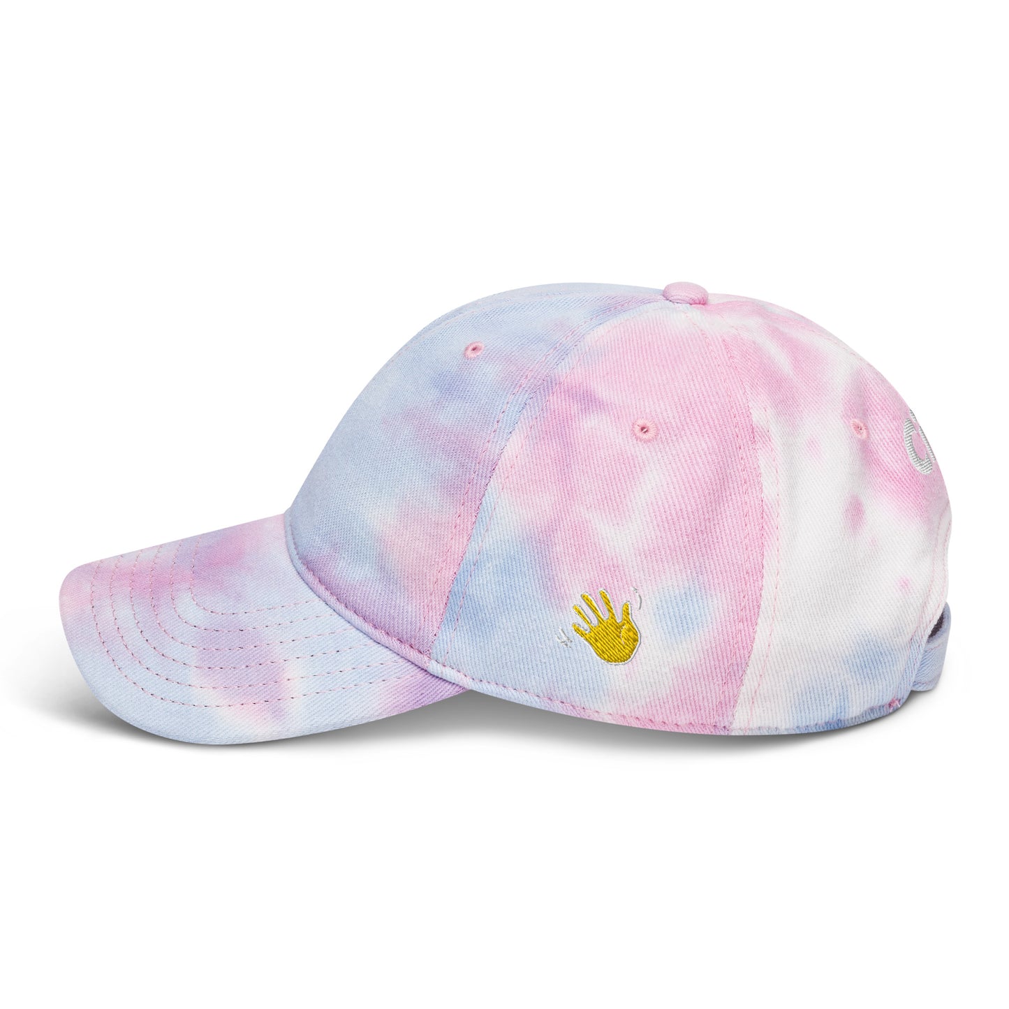 Hi Ciao Tie Dye Cotton Candy Hat left with Hi waving hand emoji