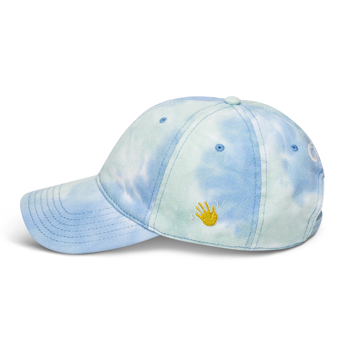 Hi Ciao Tie Dye Sky Hat left with Hi waving hand emoji