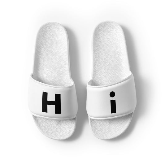 Hi H and i Flip Flop Slide Men's Sandals for Happy interactions, Hi on right flop, i on the left flop, slides that say Hi by Johnny Michael at HiJohnny.com