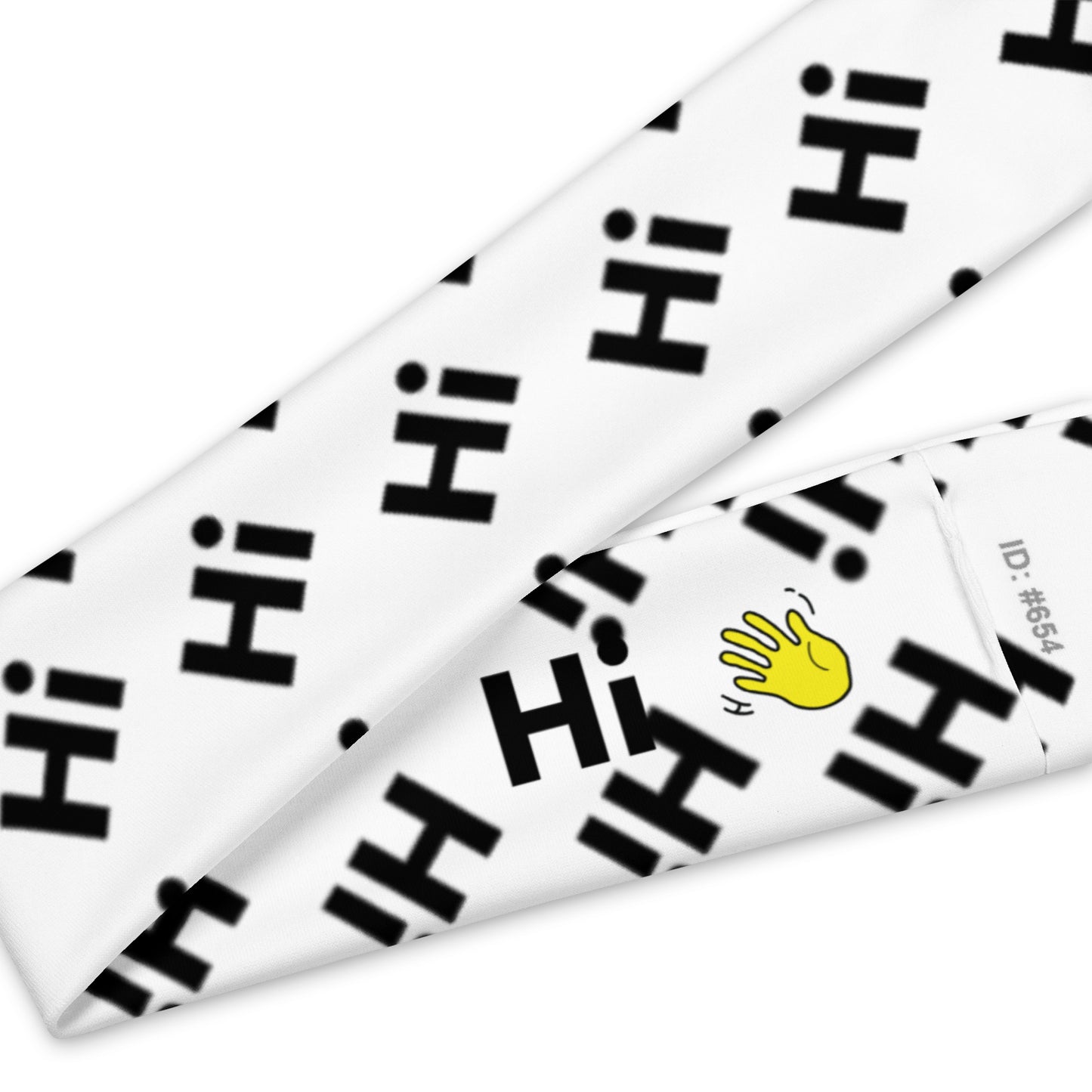 Hi Headband with repeating Hi pattern featuring Hi and Hi waving emoji logo