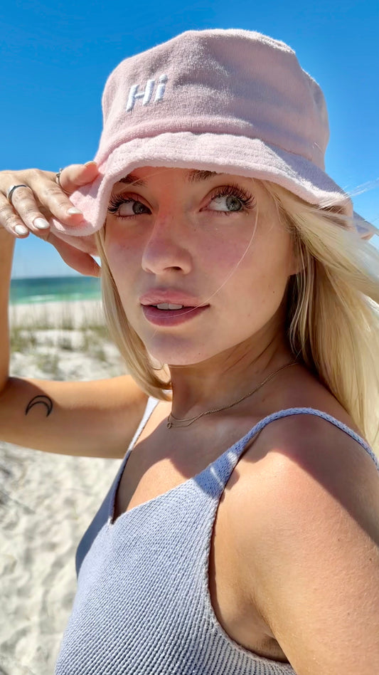 Hi Fuzzy Bucket Hat in pink modeled by HelloMckaylyn