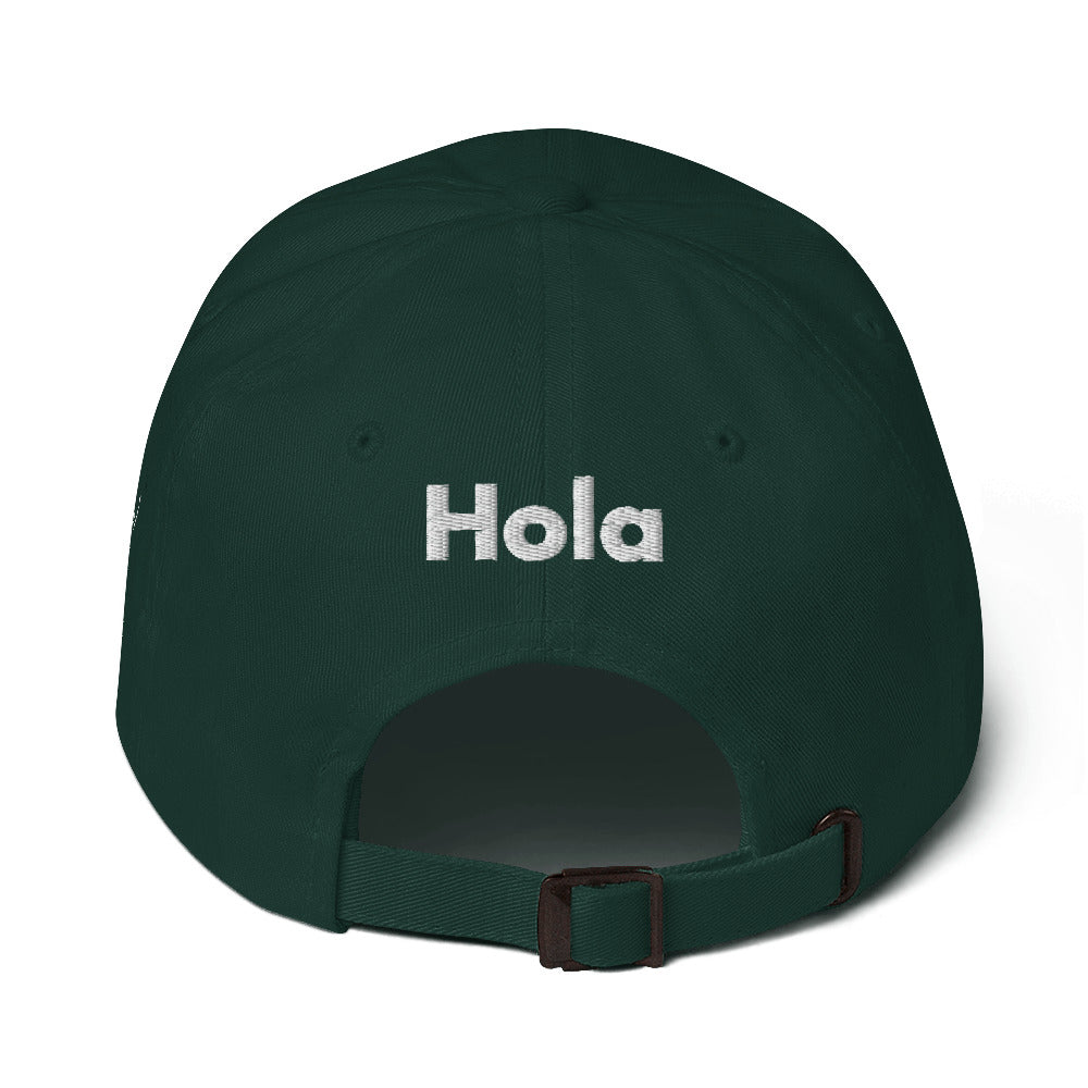Hi Hola Hat in green back, Hi on the front Hola on the back, Hi waving hand emoji on left side