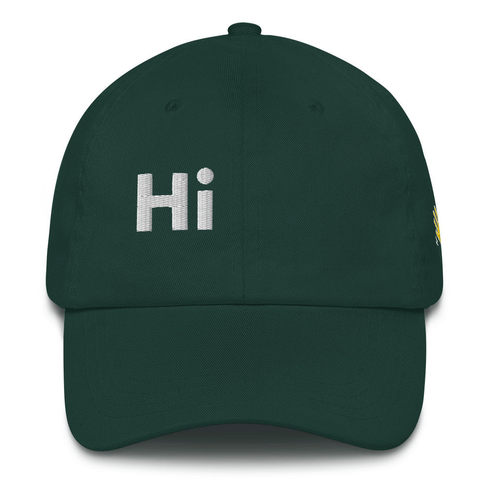 Hi Hola Hat in green front, Hi on the front Hola on the back, Hi waving hand emoji on left side