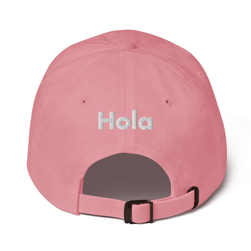 Hi Hola Hat in pink back, Hi on the front Hola on the back, Hi waving hand emoji on left side