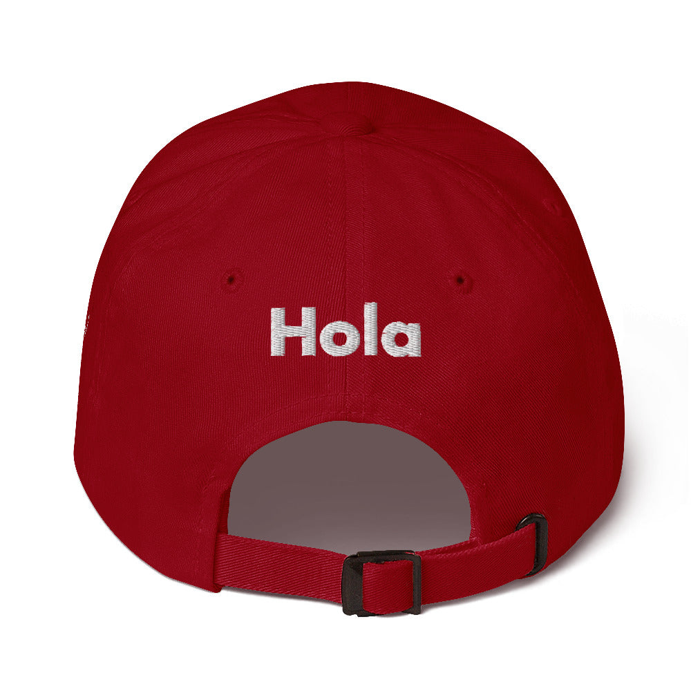 Hi Hola Hat in red back, Hi on the front Hola on the back, Hi waving hand emoji on left side