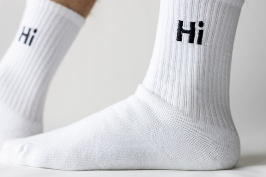 Hi High Socks, white with black Hi embroidery