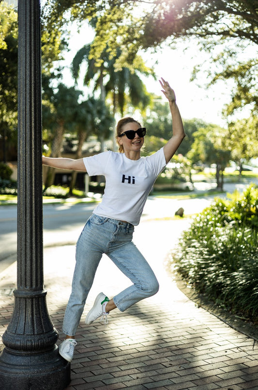 Hi Johnny Original Hi American Greeting T Shirt in white modeled by Helen P. in Coconut Grove