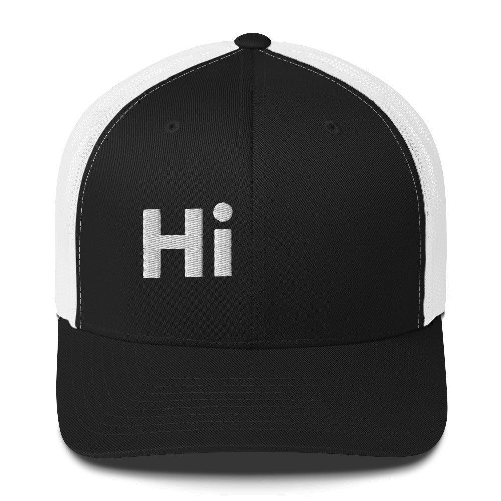 Hi Trucker Hat in black and white with white Hi logo