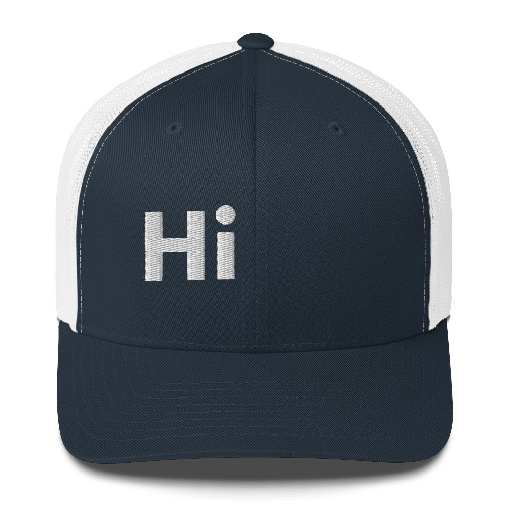 Hi Trucker Hat in navy and white with white Hi logo