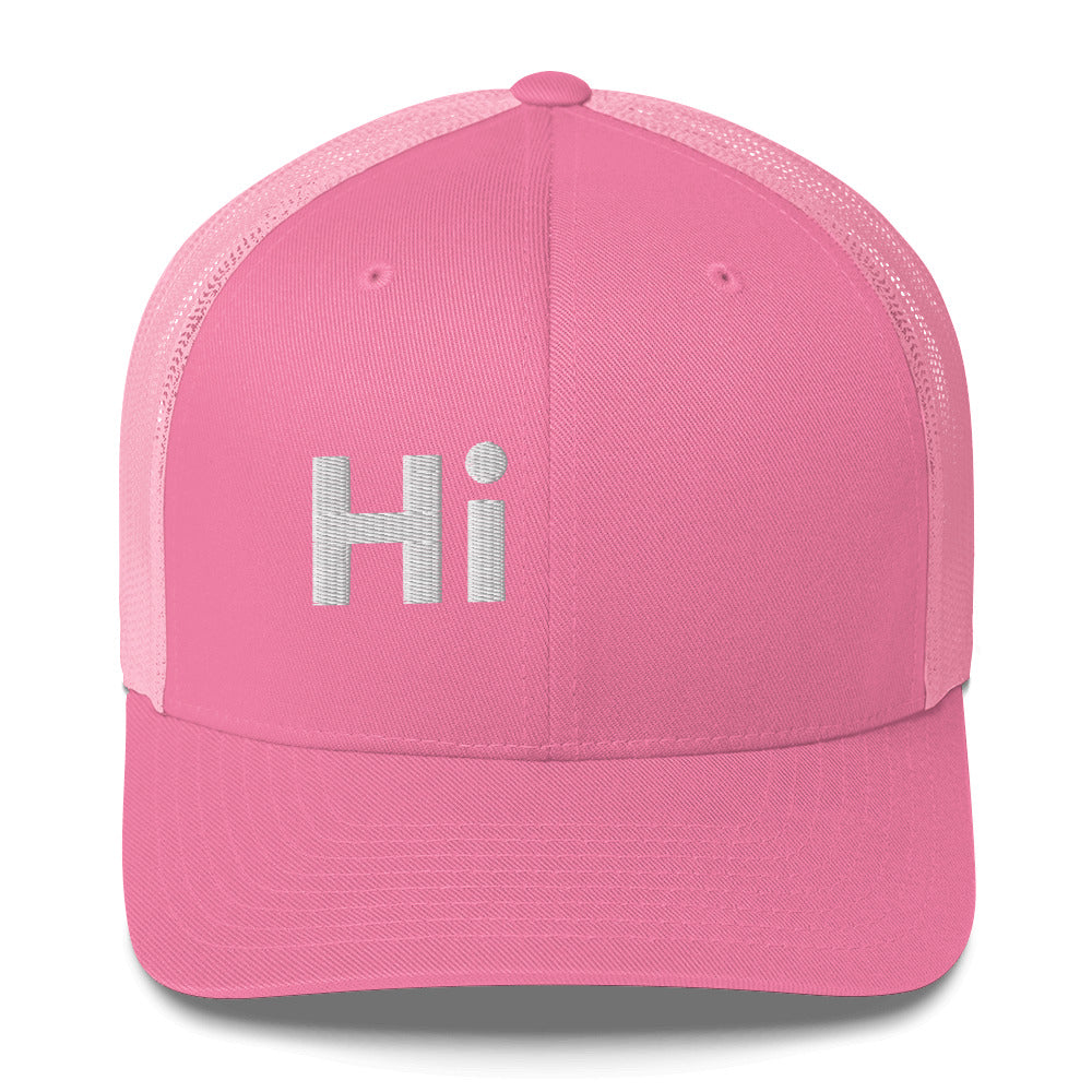 Hi Trucker Hat in pink with white Hi logo