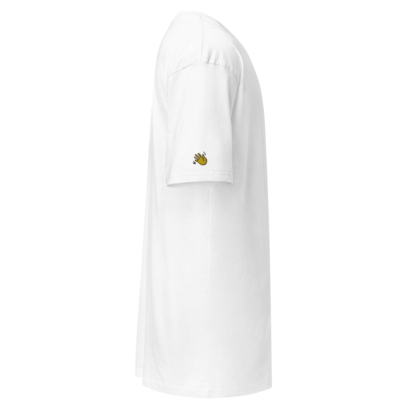 Hi embroidered lux greeting t shirt in white with Hi waving hand emoji patch on right sleeve