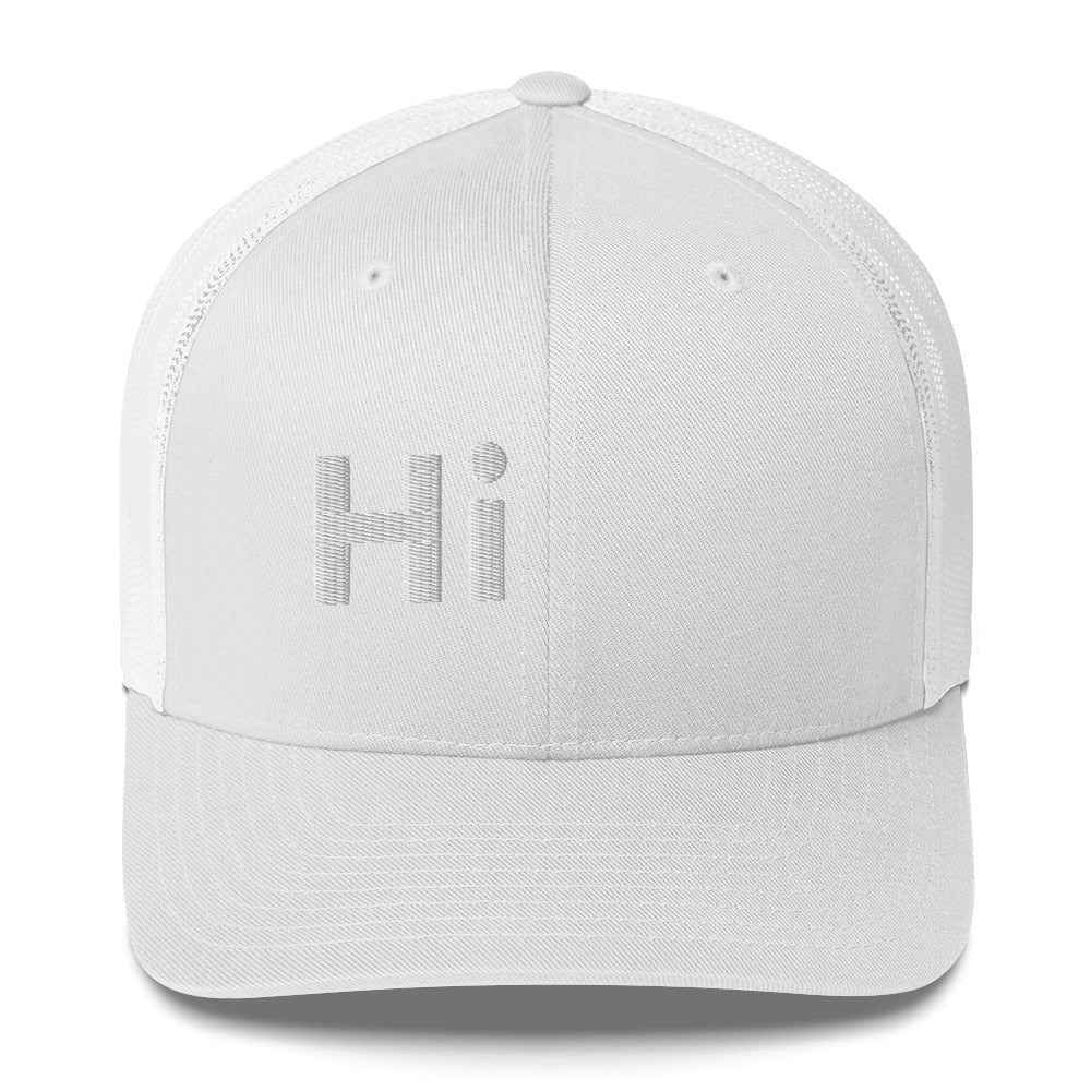 Hi Trucker Hat in white with white Hi logo, front view