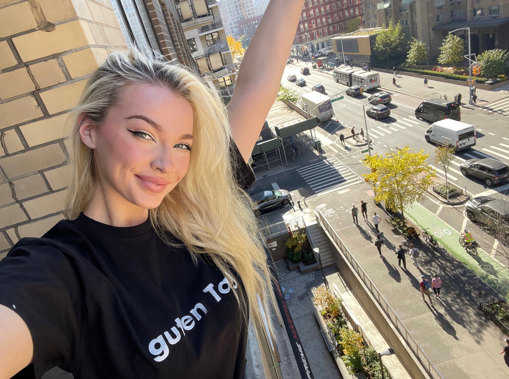 Hi Guten Tag German Greeting t shirt in black, modeled by Shannon Milligan in New York City