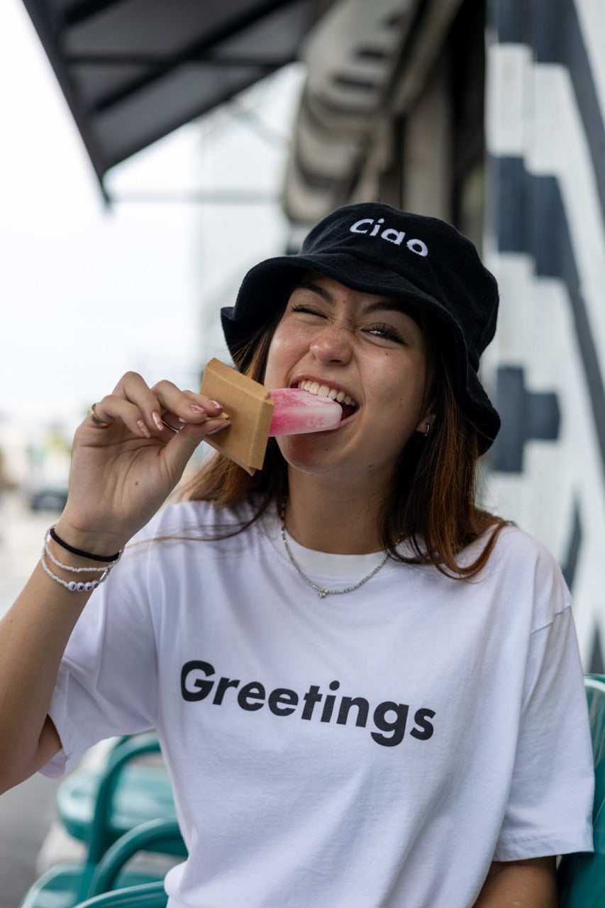 The Hi Greetings Greet T Shirt and Ciao Fuzzy Bucket Hat modeled by Dani Kott in Wynwood, Miami Florida