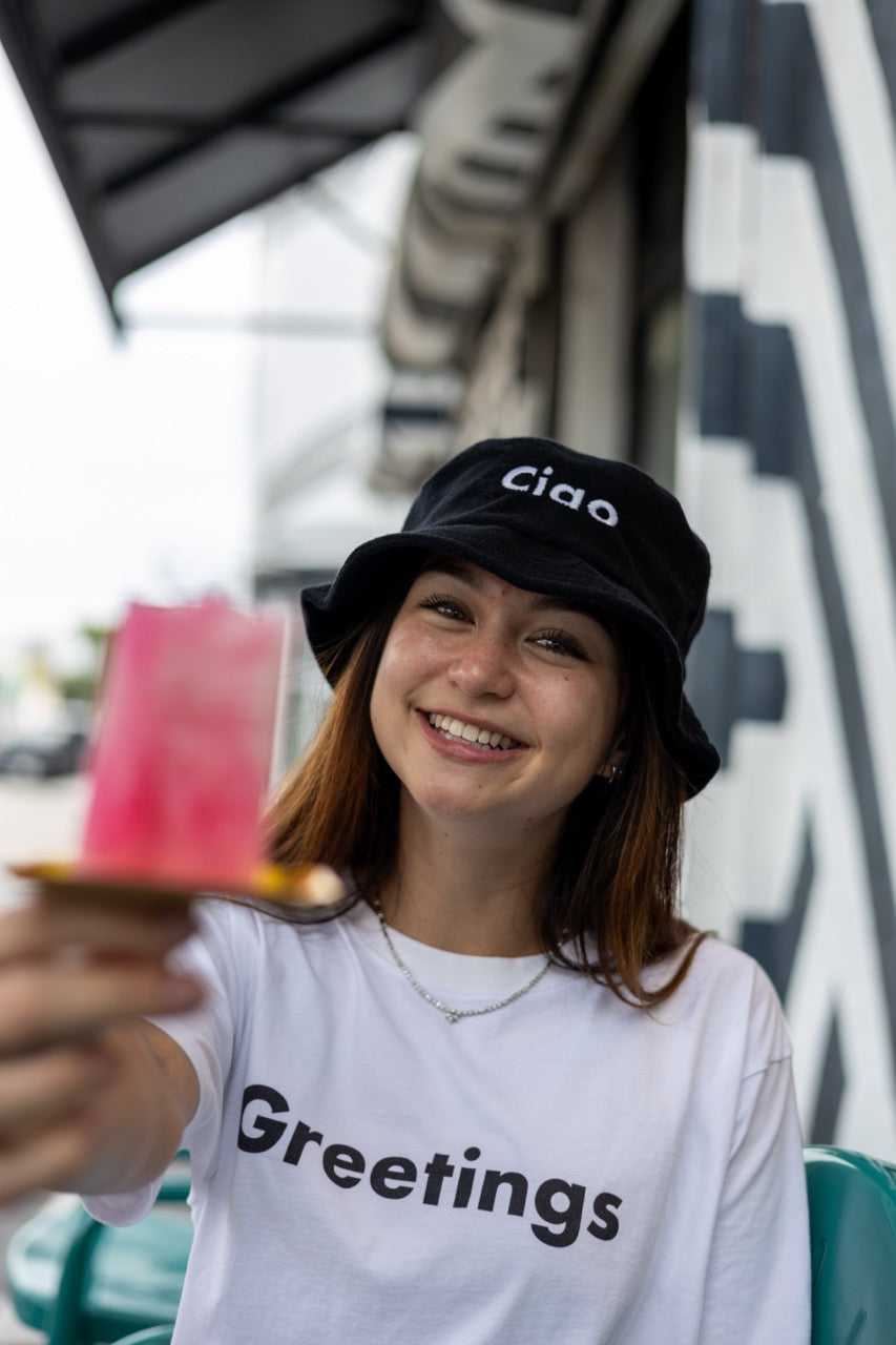 The Hi Greetings Greet T Shirt and Ciao Fuzzy Bucket Hat modeled by Dani Kott in Wynwood, Miami Florida