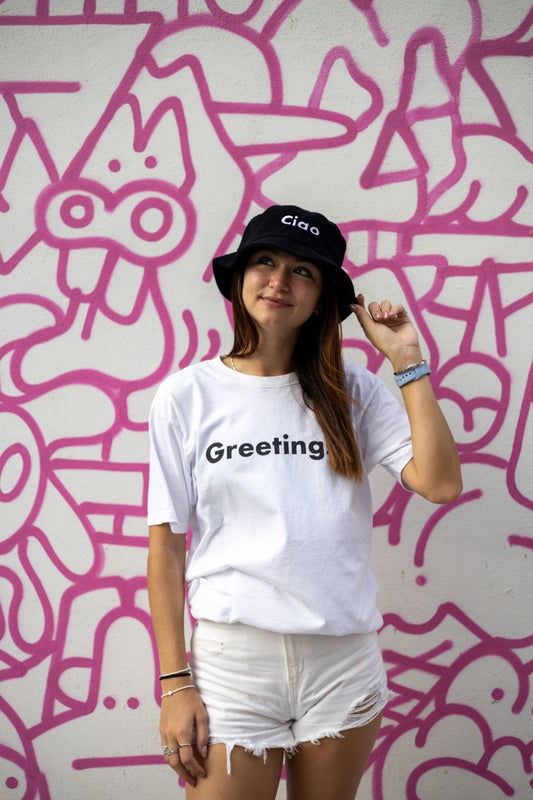 The Hi Greetings Greet T Shirt and Ciao Fuzzy Bucket Hat modeled by Dani Kott in Wynwood, Miami Florida