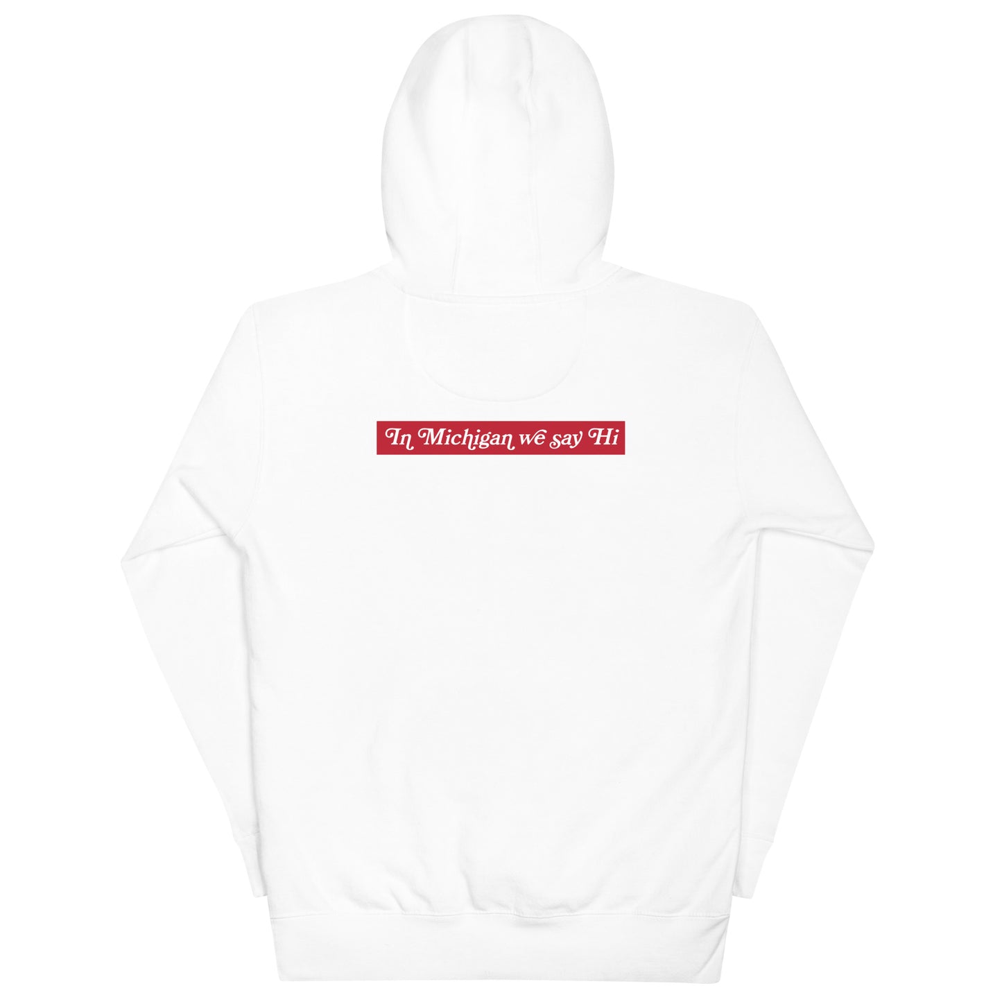 Hey Hey In Michigan We Say Hi Hoodie white detail back hood up