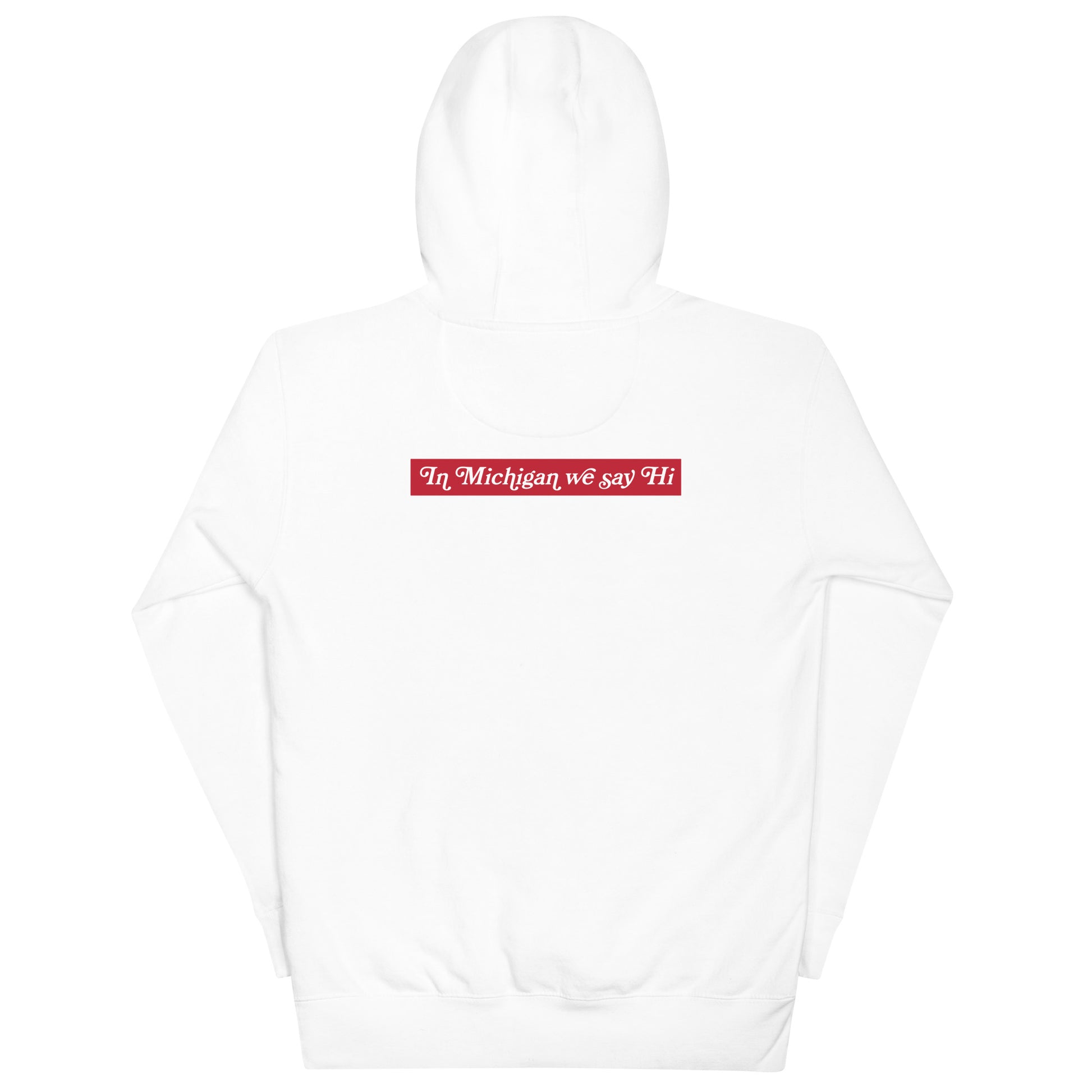 Hey Hey In Michigan We Say Hi Hoodie white detail back hood up